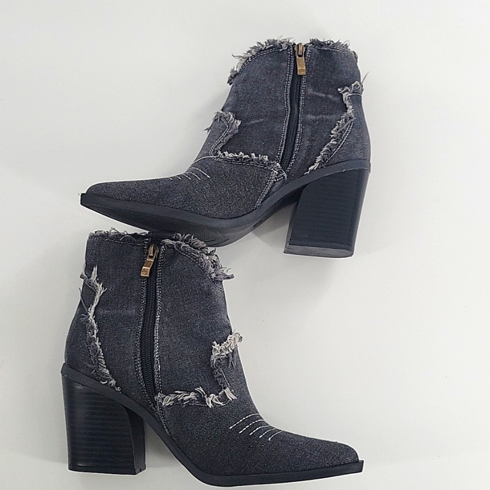 Western Cowboy Womens Pointed Toe High Chunky Block Heel Ankle Boots Denim Shoes - Picture 6 of 8